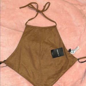 brown faux suede tie back top